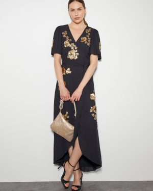 Sarah Sequin Floral Midi Wrap Dress Black