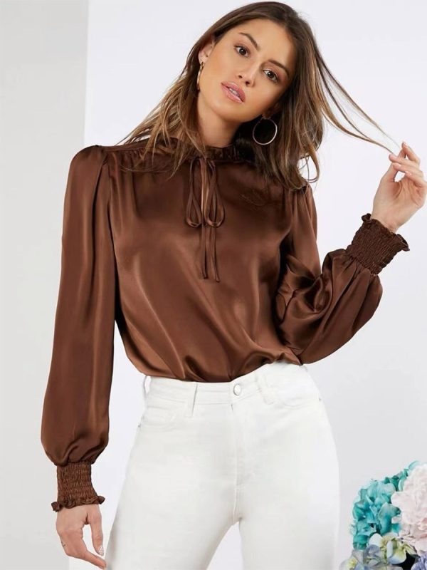 Satin Blouse Round Neck Balloon Sleeves Ruffles Lace Up Women's Top