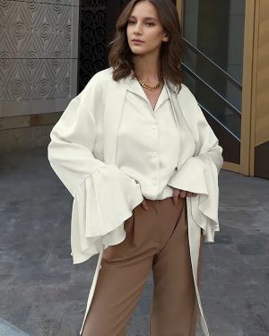 Satin Blouse with Tie Neck Bell Long Sleeves Spring Elegant Shirt For Women 2025
