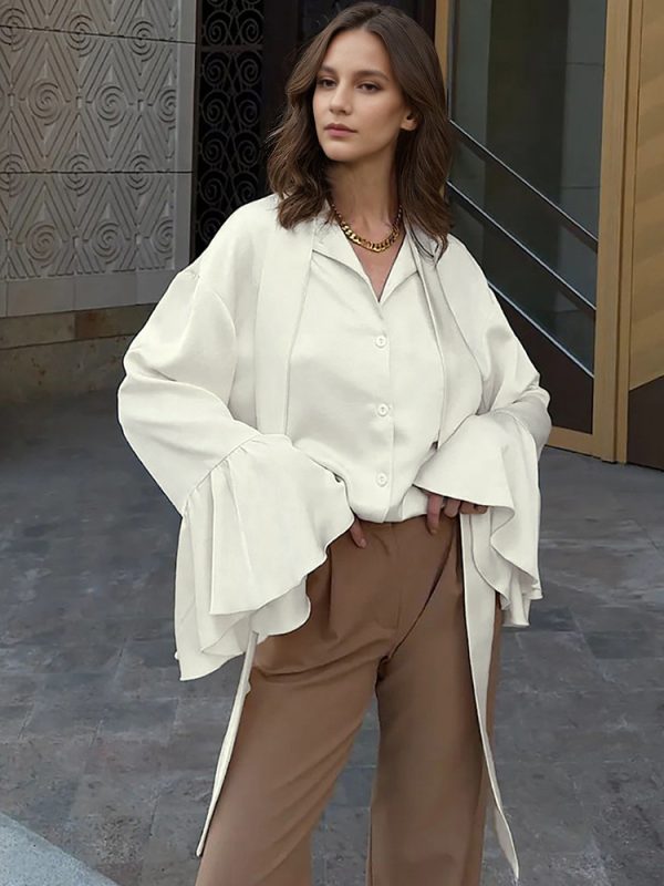 Satin Blouse with Tie Neck Bell Long Sleeves Spring Elegant Shirt For Women 2025