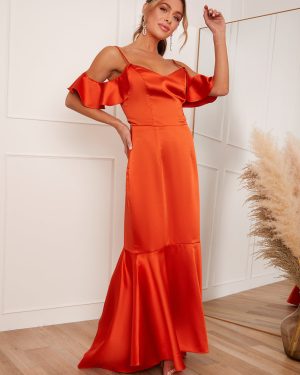 Satin Cami Strap Ruffle Detail Bodycon Dress in Rust - 8