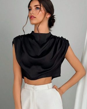 Satin Crop Top With Stand Collar Summer Blouse For Women 2025