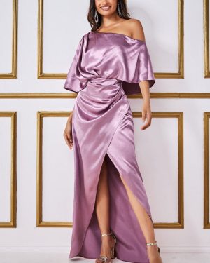 Satin Drape Shoulder Wrap Maxi Dress - Blush by Goddiva