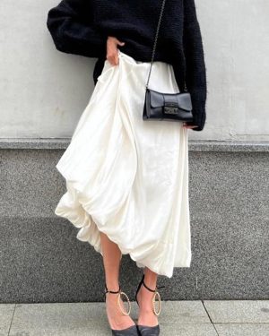 Satin Long Skirt Solid Color A-line Balloon Skirt For Women 2025