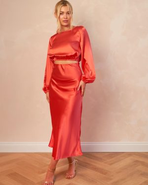 Satin Midi Slip Skirt in Red - 8