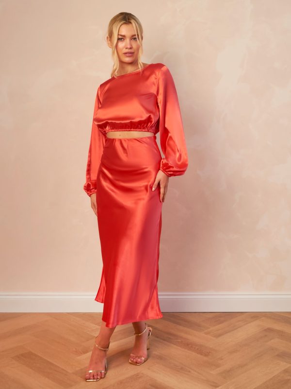 Satin Midi Slip Skirt in Red - 8