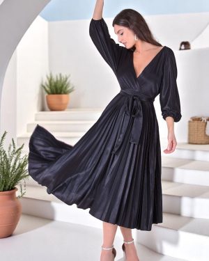 Satin Pleated Skirt Wrap Midi Dress - Black by Goddiva