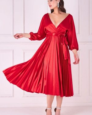 Satin Pleated Skirt Wrap Midi Dress - Red by Goddiva