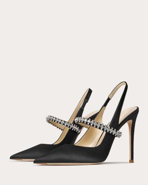 Satin Prom Shoes Black Rhinestones Pointed Toe Stiletto Heel Slingback Pumps