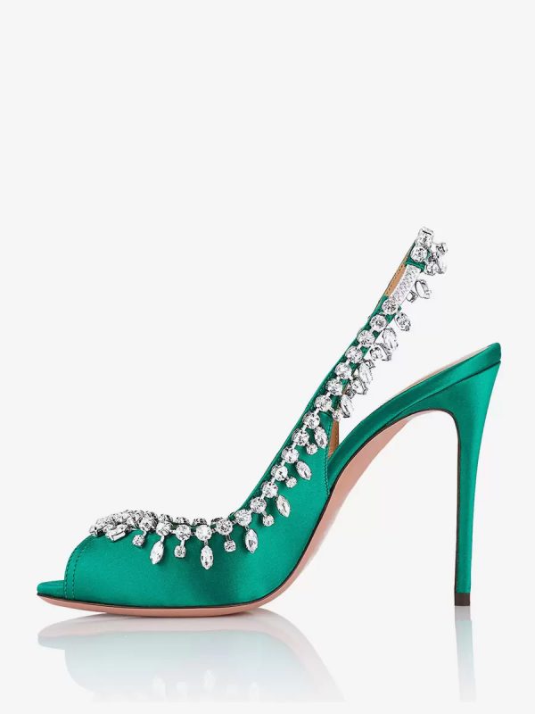 Satin Slingback Pumps Peep Toe Rhinestones High Heel Party Shoes