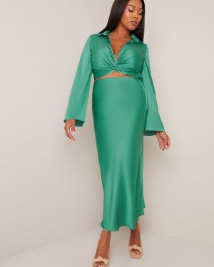 Satin Slip Maxi Skirt in Green - 8