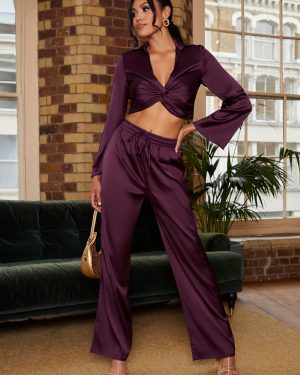Satin Twist Front Shirt in Purple - 8