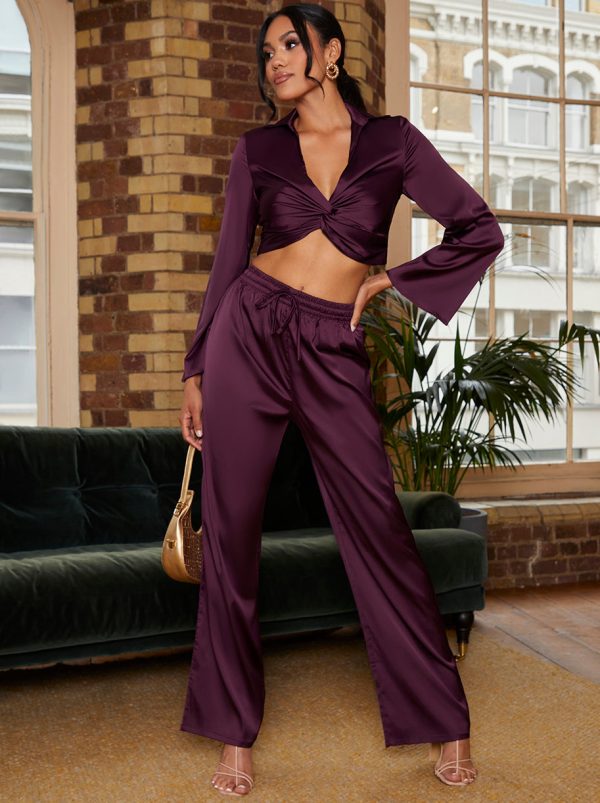 Satin Twist Front Shirt in Purple - 8