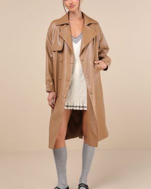 Seasonally Posh Tan Vegan Leather Trench Coat