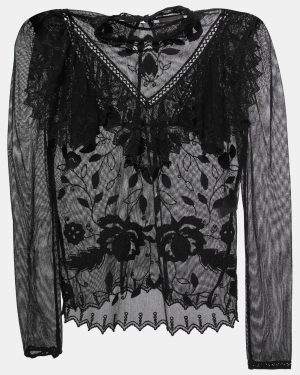 See by Chloe Black Embroidered Cotton Blend Ruffled Mesh Top M