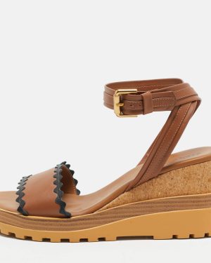 See by Chloe Brown Leather Cork Wedge Platform Ankle Strap Sandals Size 40