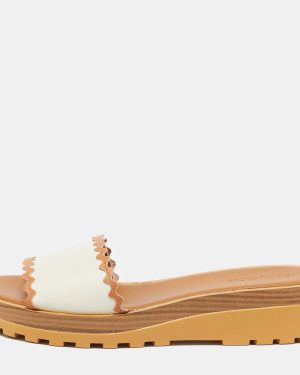 See by Chloe Off White/Tan Leather Platform Slide Sandals Size 42