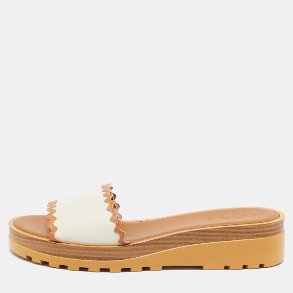 See by Chloe Off White/Tan Leather Platform Slide Sandals Size 42