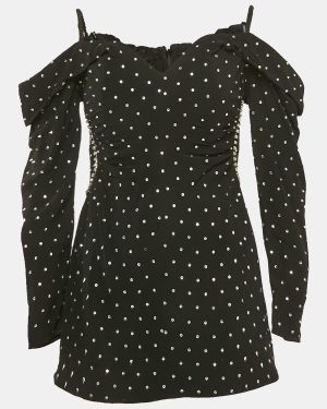Self-Portrait Black Crepe Embellished Off-Shoulder Diamante Dress M