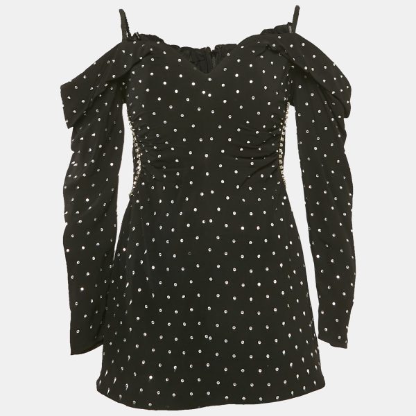 Self-Portrait Black Crepe Embellished Off-Shoulder Diamante Dress M