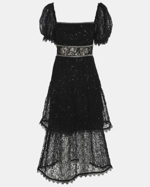 Self Portrait Black Sequin Circle Lace Midi Dress M