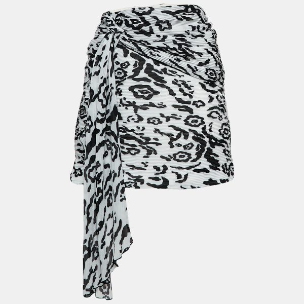 Self-Portrait Black/White Leopard Print Plisse Draped Mini Skirt M
