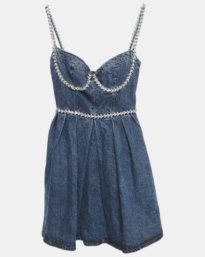 Self-Portrait Blue Crystal Embellished Denim Sweetheart Neck Mini Dress S