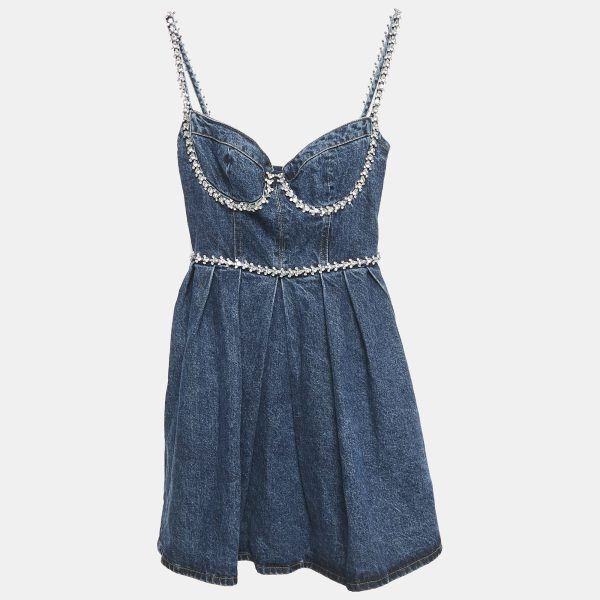 Self-Portrait Blue Crystal Embellished Denim Sweetheart Neck Mini Dress S