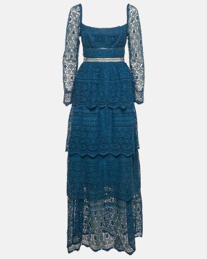 Self-Portrait Blue Petrol Lace Guipure Tiered Maxi Dress S