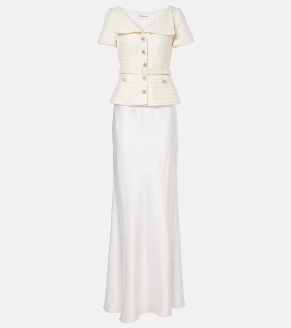 Self-Portrait Bridal peplum satin and boucle maxi dress