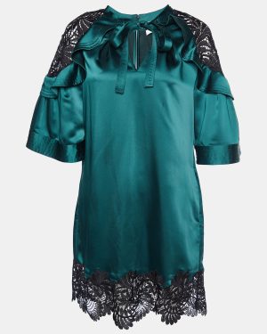Self-Portrait Dark Green Satin & Lace Shift Dress M