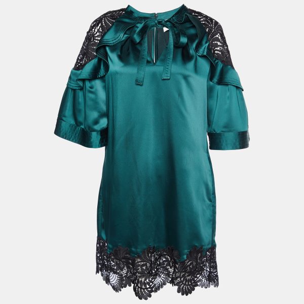 Self-Portrait Dark Green Satin & Lace Shift Dress M