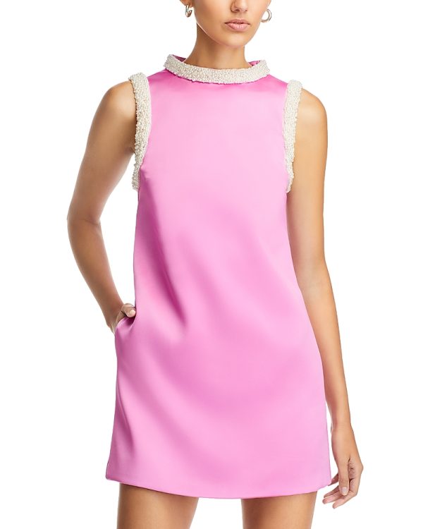 Self-Portrait Faux Pearl Trim Satin Shift Mini Dress