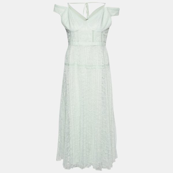 Self-Portrait Mint Green Lace Off Shoulder Midi Dress L