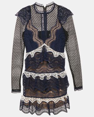 Self-Portrait Navy Blue Lace Tiered Mini Dress S