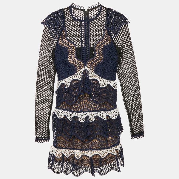 Self-Portrait Navy Blue Lace Tiered Mini Dress S