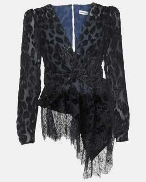 Self-Portrait Navy Blue/Black Textured Crepe Asymmetrical Peplum Top M