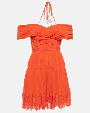 Self-Portrait Orange Lace Trim Chiffon Pleated Off-Shoulder Mini Dress S