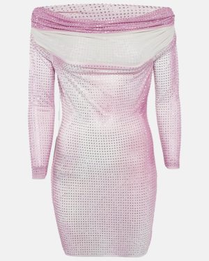 Self-Portrait Pink Rhinestone Contour Print Mesh Mini Dress M