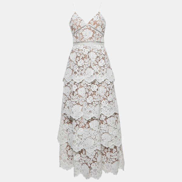 Self-Portrait White Floral Lace Tiered Maxi Dress M
