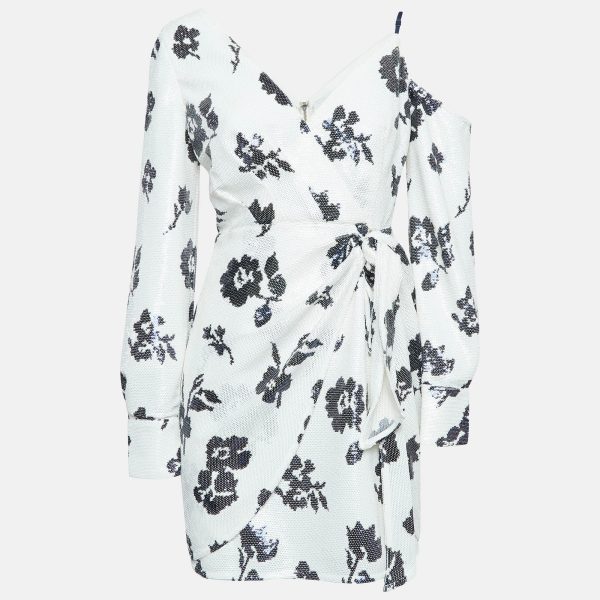 Self-Portrait White Floral Sequin One-Shoulder Mini Dress M