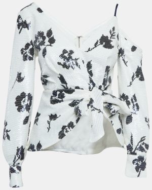 Self-Portrait White Floral Sequin Wrap Top S