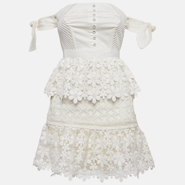 Self Portrait White Lace Tiered Off Shoulder Mini Dress S