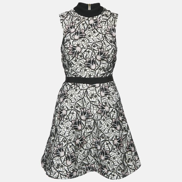 Self-Portrait White/Black Floral Lace Mini Dress S
