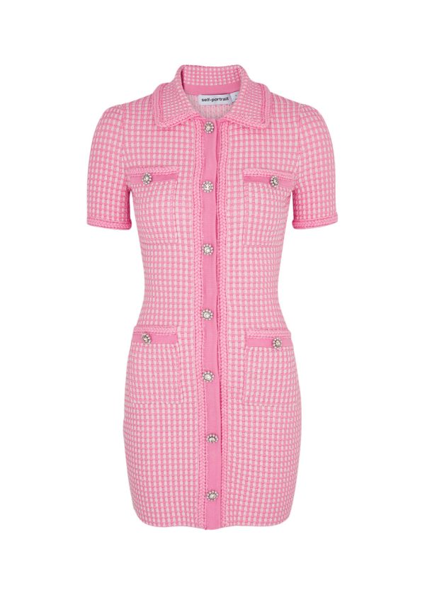 Self-portrait Checked Knitted Mini Dress - Pink - M