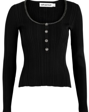 Self-portrait Crystal-embellished Ribbed-knit top - Black - XS (UK6 / XS)