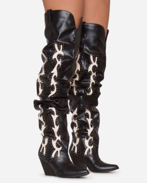 Sending-West White Embroidered Detail Pointed Toe Over The Knee Thigh High Western Cowboy Boot In Black Faux Leather, Women's Size UK 4