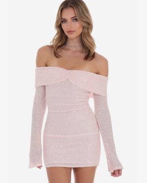 Sequin Bodycon Dress In Soft Pink Off-Shoulder Long Sleeve Birthday Party Mini Dress For Women 2025