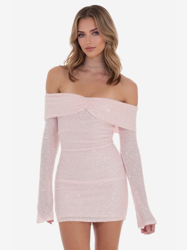 Sequin Bodycon Dress In Soft Pink Off-Shoulder Long Sleeve Birthday Party Mini Dress For Women 2025