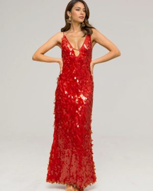 Sequin Maxi Dress In Red Deep V-neck Spaghetti Straps Sexy Formal Party Long Dress For Women 2025